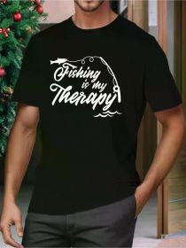 Men's Casual Crew Neck T-Shirt, 100% Cotton, Geometric Fishing Graphic, All-Season Comfort Fit, Regular Size (Color: black, size: L)