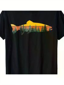 Men'S Cotton Fly Fishing T-Shirt - Breathable, Quick-Dry Crew Neck with Geometric Print for (Color: black, size: S)